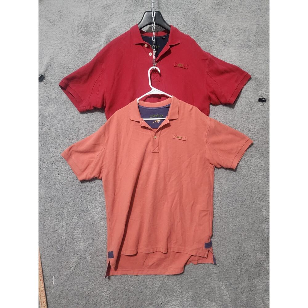 2 Orvis Men's Size L Polo Shirt Red/Salmon Short Sleeve Heavy Cotton Outdoor